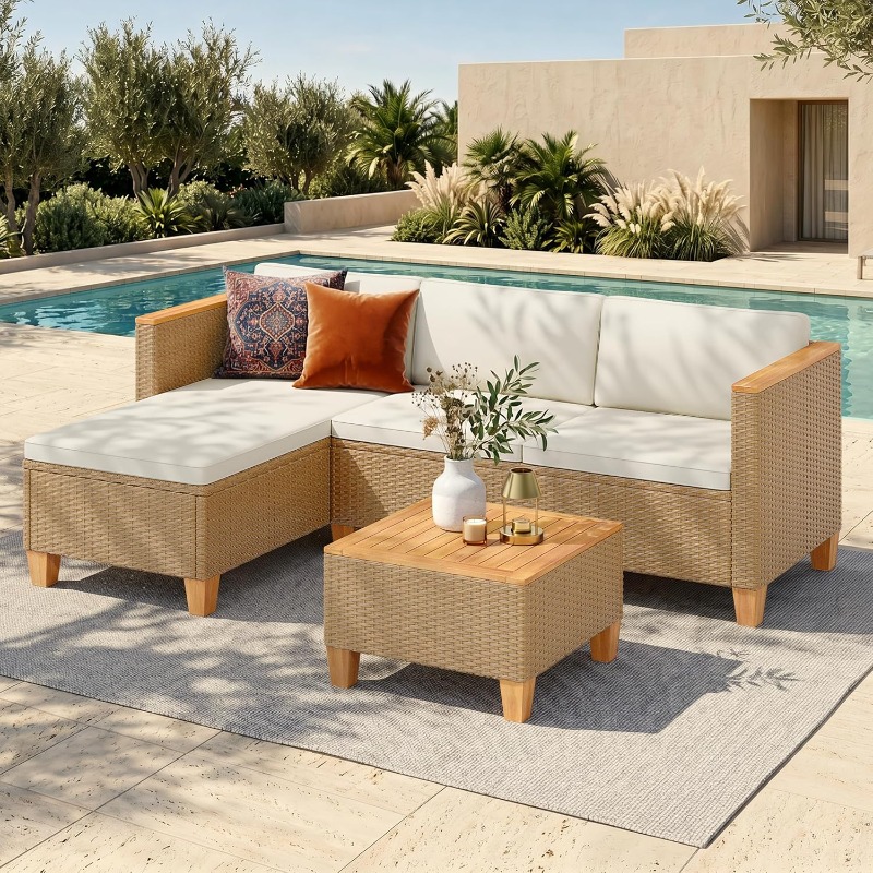 Outdoor Furniture Yellow - ชุดเฟอร์นิเจอร์ลานขนาดเล็ก, ชุดโซฟาหวายกลางแจ้ง 3 ชิ้น, ชุดโซฟาหวายสีเหลืองพร้อมโต๊ะสำหรับนั่งพูดคุย