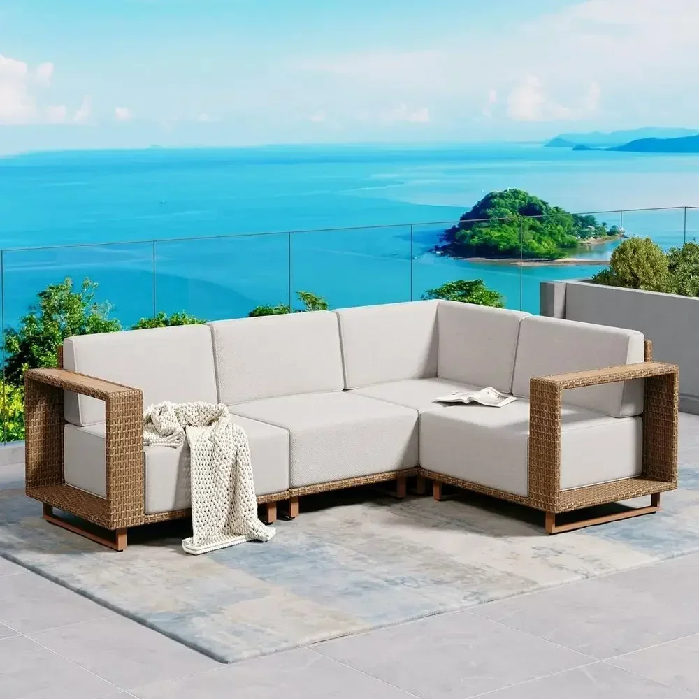 Outdoor Furniture Yellow - โซฟาเข้ามุมรูปตัว L สำหรับใช้งานกลางแจ้งพร้อมเบาะหนานุ่ม ชุดเฟอร์นิเจอร์หวายสีเหลืองสำหรับสนามหญ้าและสวน