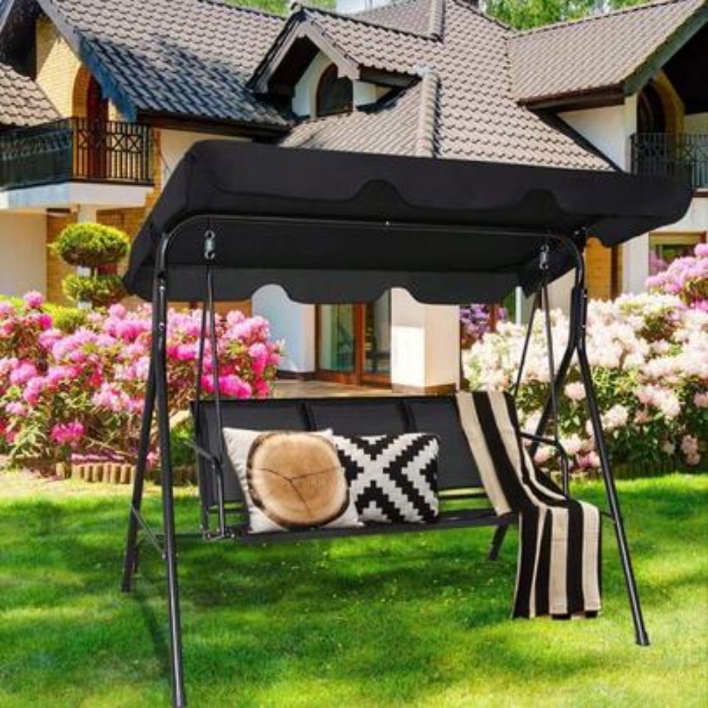 Garden Swing Chair - เก้าอี้ชิงช้าสำหรับลานกลางแจ้งพร้อมหลังคาปรับระดับได้ โครงสร้างแข็งแรง รองรับผู้ใช้งานได้ 3 คน เก้าอี้ชิงช้าสำหรับระเบียงพร้อมหลังคา