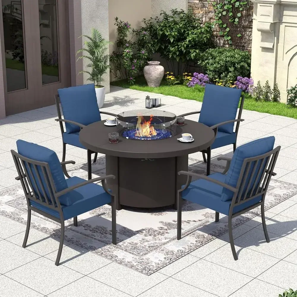 Outdoor Furniture Fire Pit Set - ชุดเฟอร์นิเจอร์กลางแจ้ง 5 ชิ้น พร้อมโต๊ะเตาผิงทรงกลมและเก้าอี้มีเบาะรองนั่ง สีน้ำเงินกรมท่า