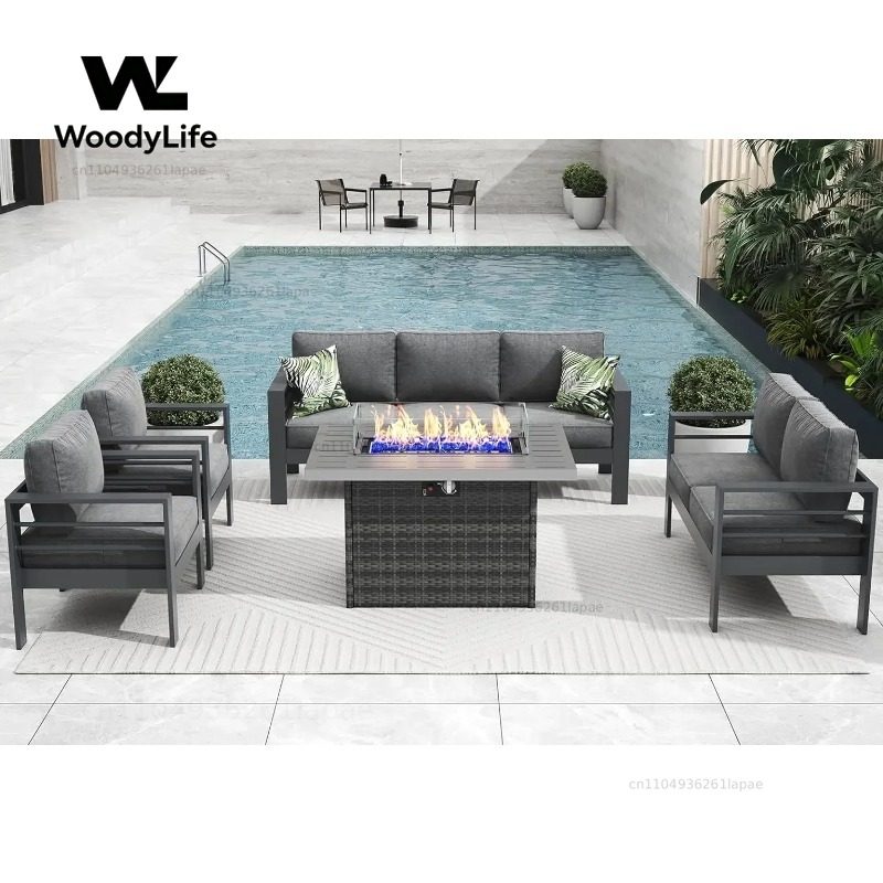 Outdoor Furniture Fire Pit Set - ชุดเฟอร์นิเจอร์ลานบ้านอลูมิเนียมสไตล์โมเดิร์น 5 ชิ้น พร้อมโต๊ะเตาผิง ชุดโซฟาเหล็กสำหรับนั่งพูดคุยกลางแจ้ง