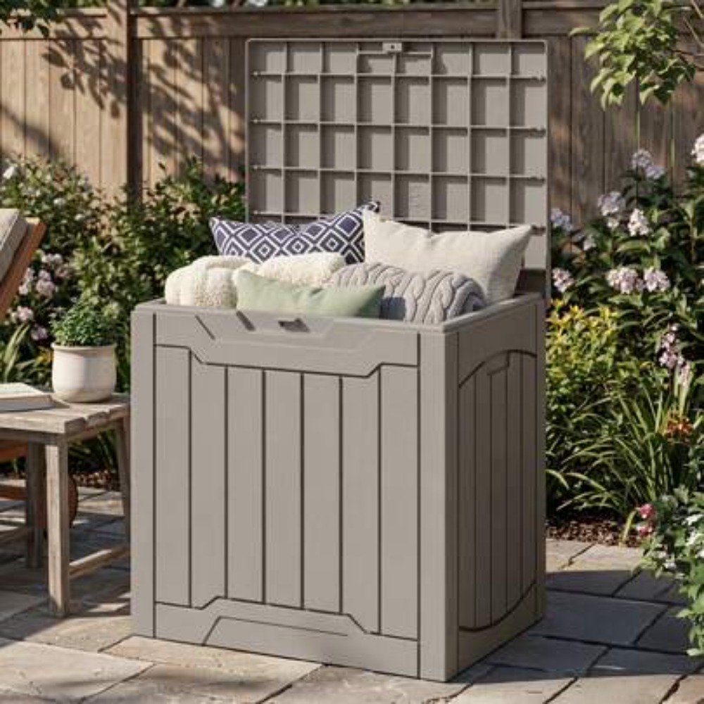 Outdoor Furniture Resin - กล่องเก็บของกลางแจ้งกันน้ำขนาด 31 แกลลอน พร้อมกุญแจล็อค สำหรับเก็บเฟอร์นิเจอร์ลานบ้าน อุปกรณ์ทำสวน