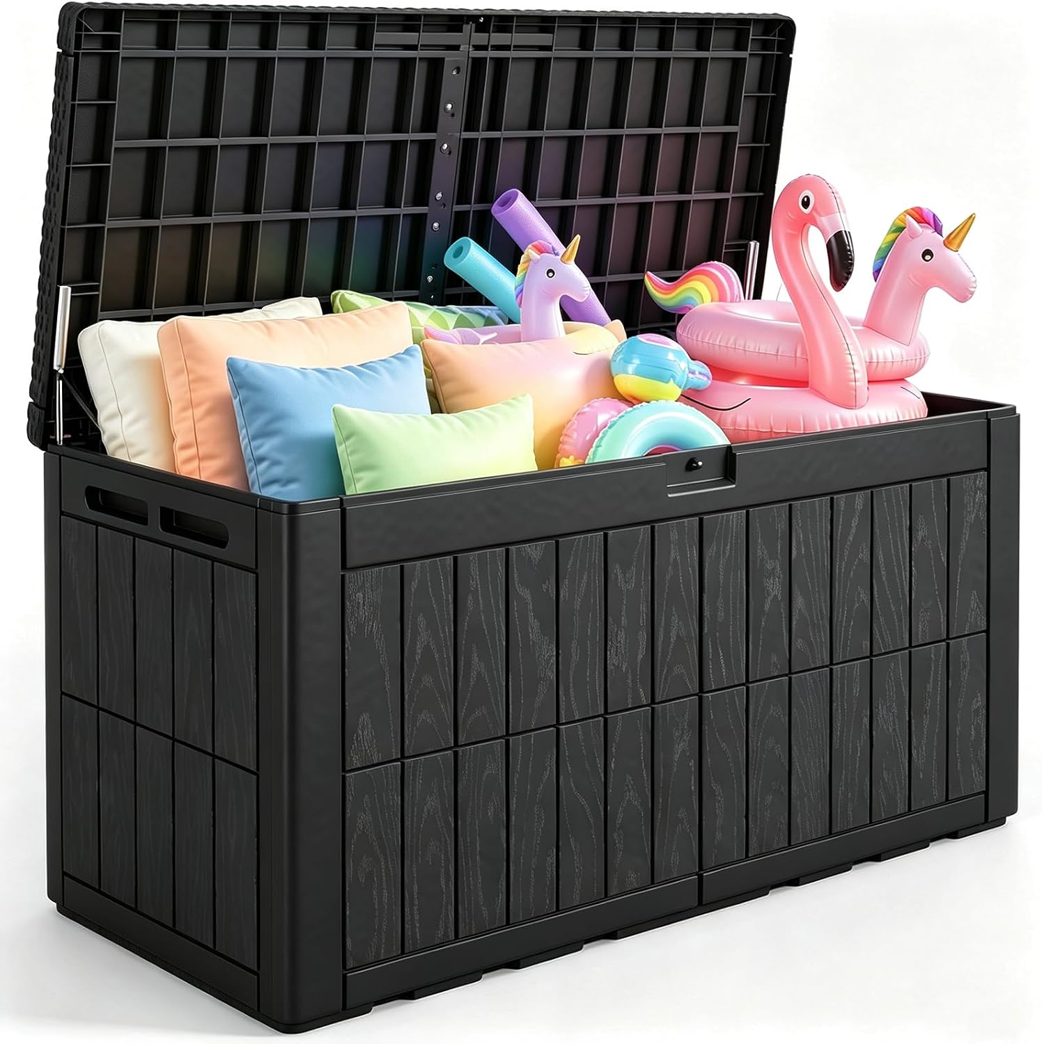 Outdoor Furniture Resin - กล่องเก็บของกลางแจ้งขนาดใหญ่ 120 แกลลอน พร้อมโครงสร้างเรซินกันน้ำ ฝาปิดล็อคได้ พร้อมเบาะรองนั่ง