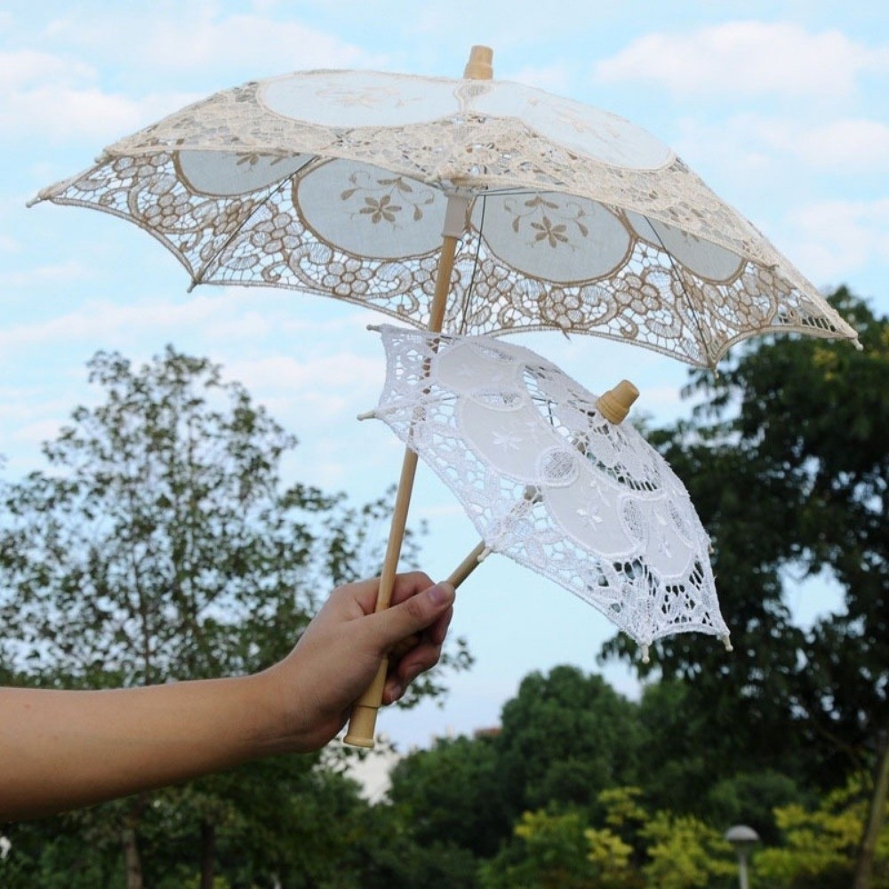 Parasol Umbrella Large - ร่มลูกไม้ขนาดใหญ่สไตล์วินเทจ ปักลายดอกไม้ ผ้าฝ้ายลูกไม้ ร่มเด็ก ร่มกันแดด ของขวัญงานแต่งงานสำหรับเจ้าสาว