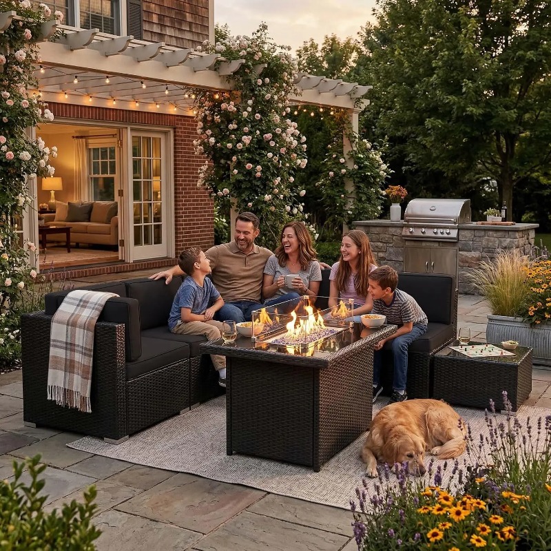 Outdoor Furniture Fire Pit Set - ชุดโซฟาหวายสำหรับลานกลางแจ้ง 8 ชิ้น พร้อมโต๊ะเตาผิงแก๊สขนาด 44 นิ้ว