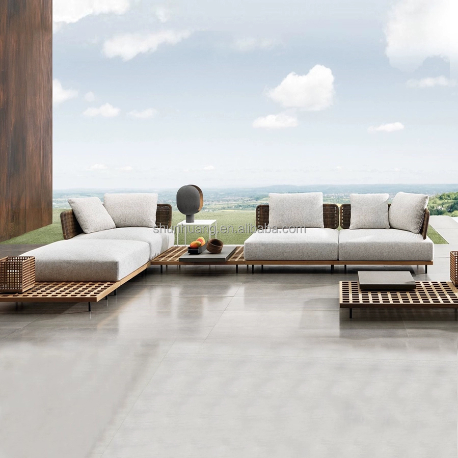 Outdoor Furniture Teak Wood - ชุดโซฟาสวนทันสมัย เฟอร์นิเจอร์กลางแจ้ง โซฟาไม้สำหรับระเบียง ชุดโซฟาพักผ่อนไม้สักและอะลูมิเนียม