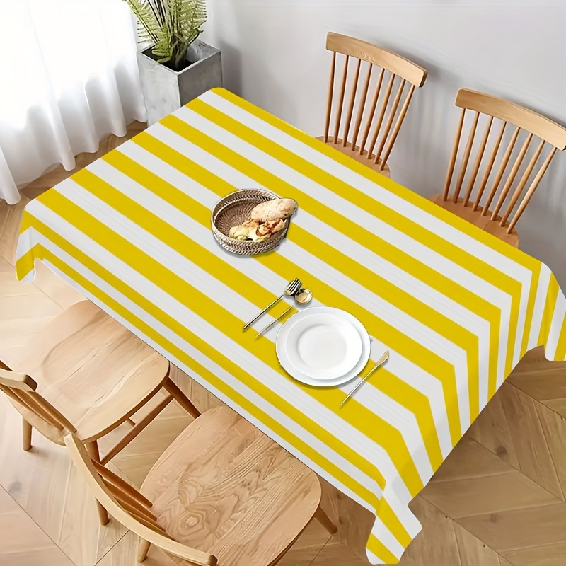 Outdoor Furniture Yellow - ผ้าปูโต๊ะโพลีเอสเตอร์ลายทางสีเหลืองขาวสำหรับตกแต่งโต๊ะ ล้างทำความสะอาดได้ ผ้าปูโต๊ะสำหรับห้องครัว โต๊ะรับประทานอาหาร ตกแต่งงานปาร์ตี้ในร่มและกลางแจ้ง