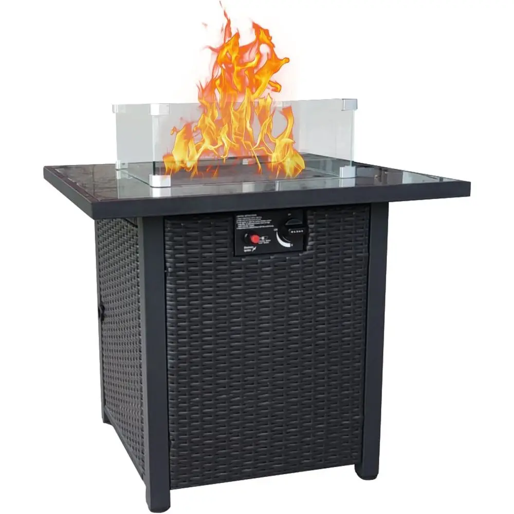 Outdoor Furniture Fire Pit Set - ชุดเฟอร์นิเจอร์หวายสำหรับลานกลางแจ้ง, โซฟาหวายแบบแยกส่วนพร้อมเบาะนุ่มและโต๊ะเตาไฟ