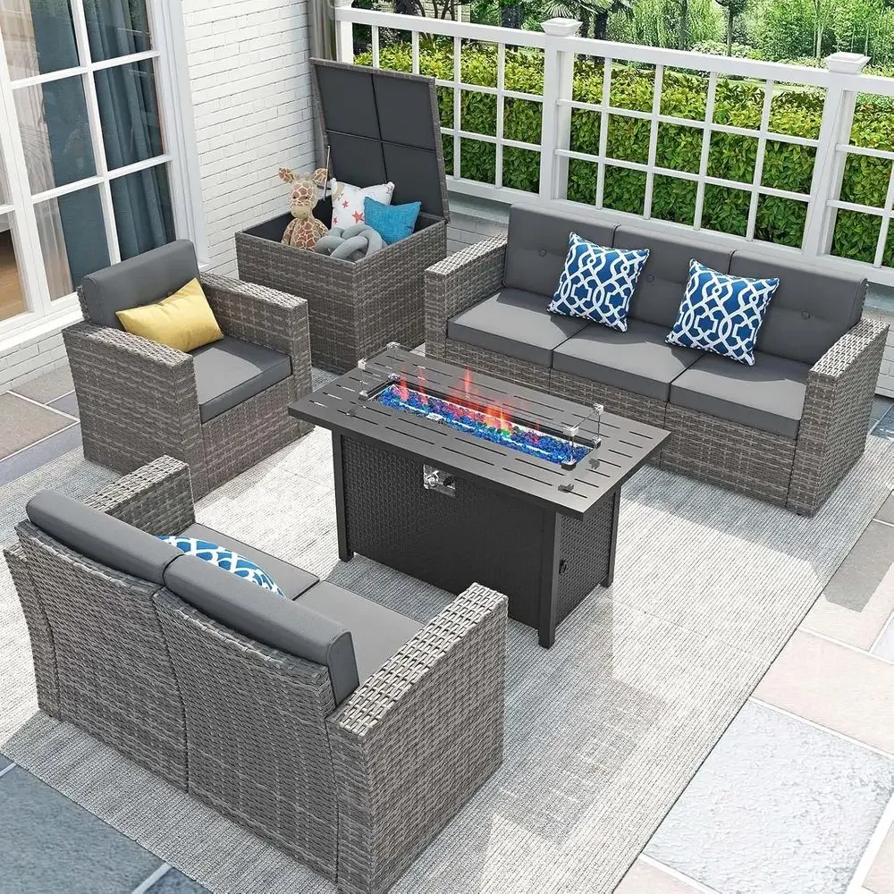 Outdoor Furniture Fire Pit Set - ชุดเฟอร์นิเจอร์ลานบ้าน 8 ชิ้น พร้อมโต๊ะเตาไฟ 45 นิ้ว,