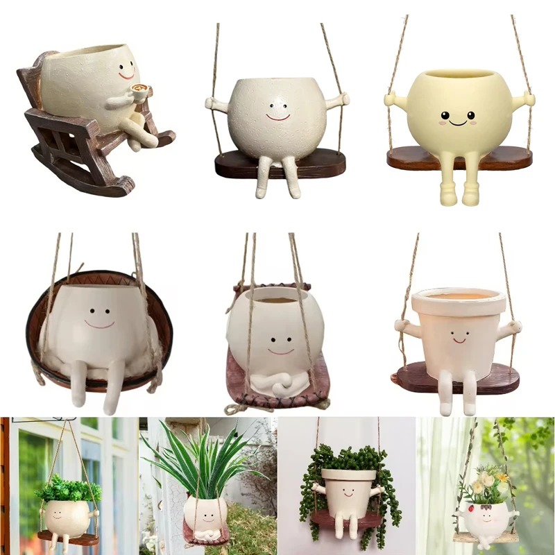 Garden Swing Chair - กระถางต้นไม้รูปหน้าคนน่ารัก วัสดุเรซิ่น สำหรับปลูกต้นไม้ในร่มและกลางแจ้ง ตกแต่งบ้านและสวน
