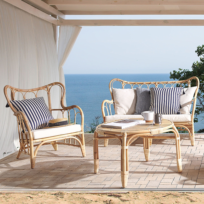 Outdoor Furniture Indonesia - โซฟาหวายธรรมชาติสำหรับกลางแจ้ง แบบสองที่นั่ง สำหรับพักผ่อนในสวน ชุดเฟอร์นิเจอร์หวายสไตล์เอเชียตะวันออกเฉียงใต้ อินโดนีเซีย