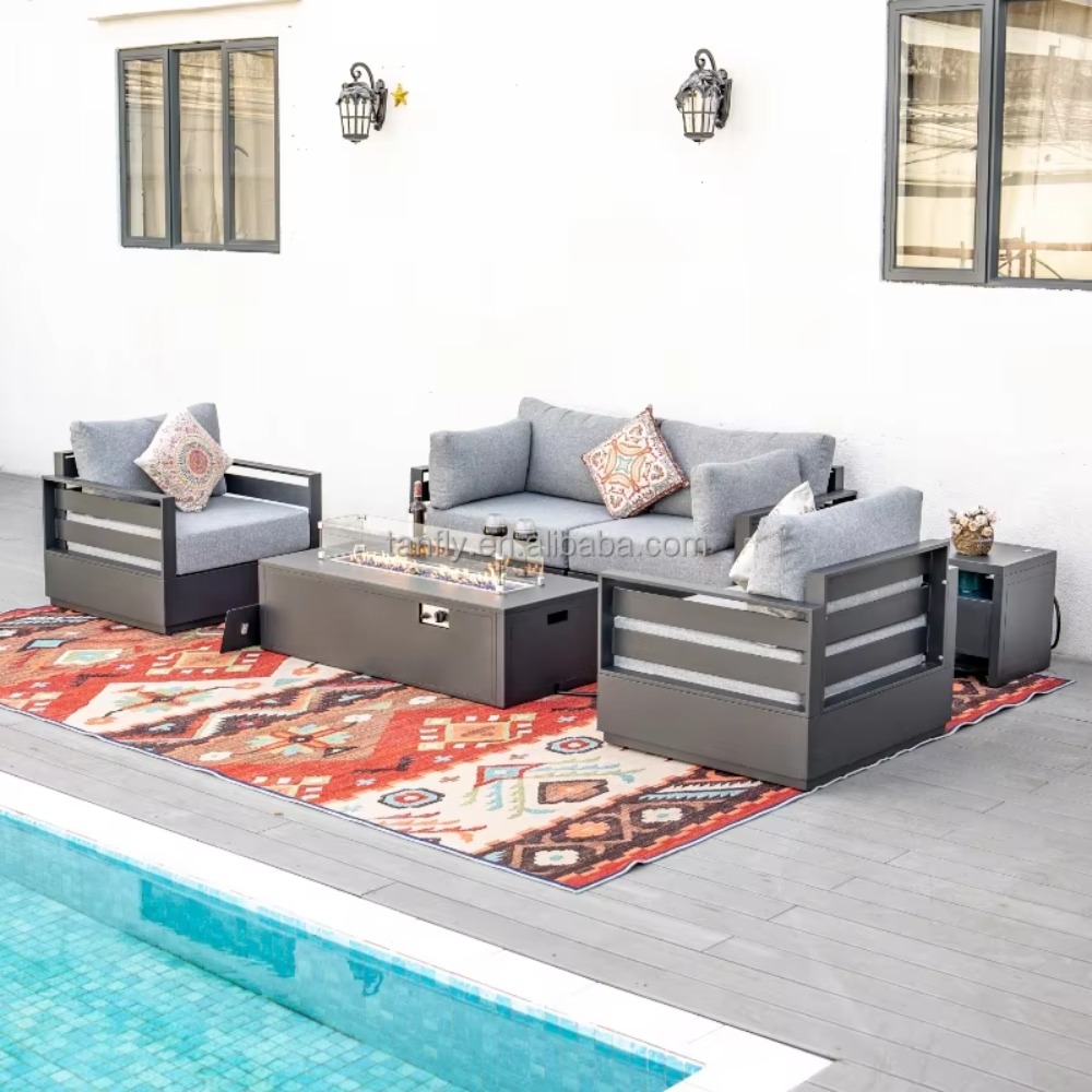 Outdoor Furniture Fire Pit Set - ชุดเฟอร์นิเจอร์กลางแจ้งสำหรับโรงแรมวิลล่า ชุดโซฟาเฟอร์นิเจอร์สวนอะลูมิเนียมทันสมัย พร้อมโต๊ะเตาไฟ