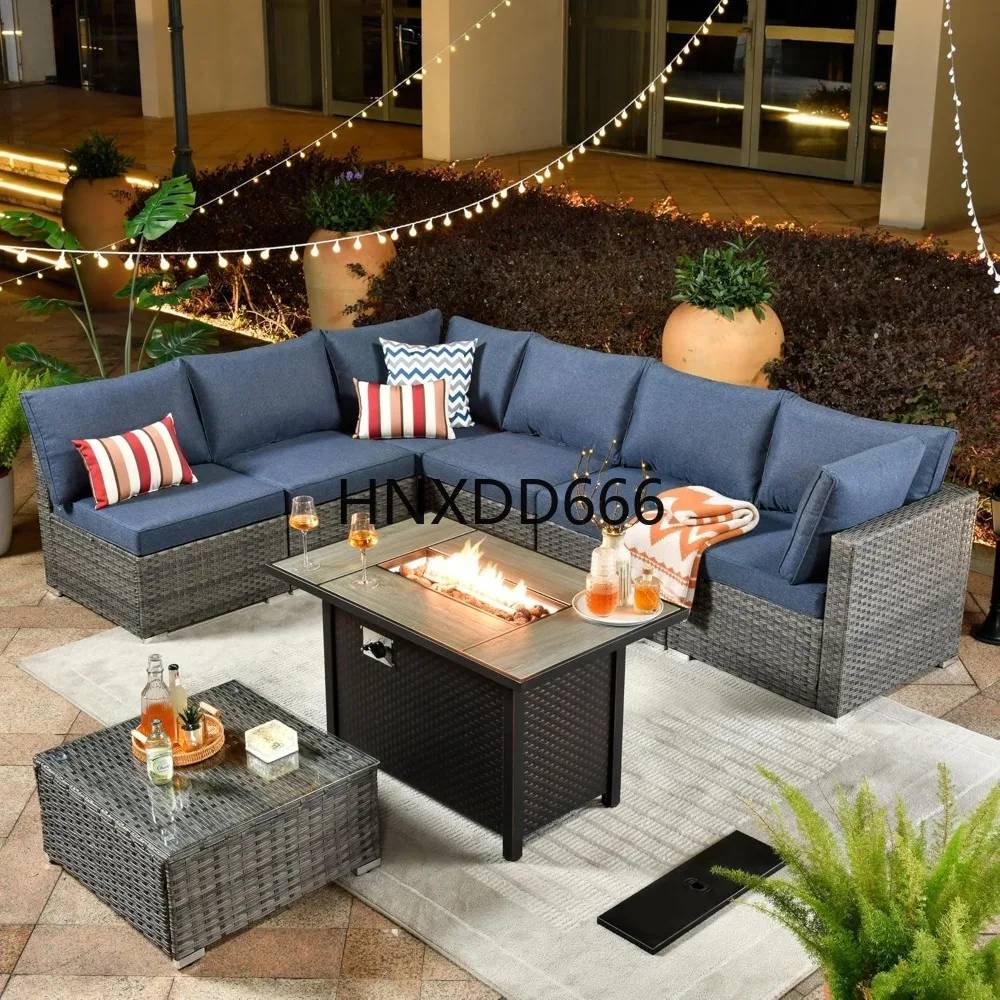 Outdoor Furniture Fire Pit Set - ชุดเฟอร์นิเจอร์ลานกลางแจ้ง 8 ชิ้น พร้อมโต๊ะเตาผิง โซฟาหวายแบบแยกส่วนสำหรับนั่งพูดคุยพร้อมโต๊ะกาแฟ