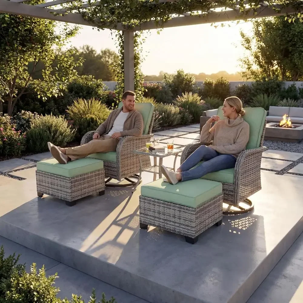 Outdoor Furniture Green - ชุดเฟอร์นิเจอร์ลานกลางแจ้ง: เก้าอี้โยกหมุนพร้อมโต๊ะข้างกระจก, ชุดบิสโทรหวายพร้อมที่วางเท้า, สีเขียวอ่อน