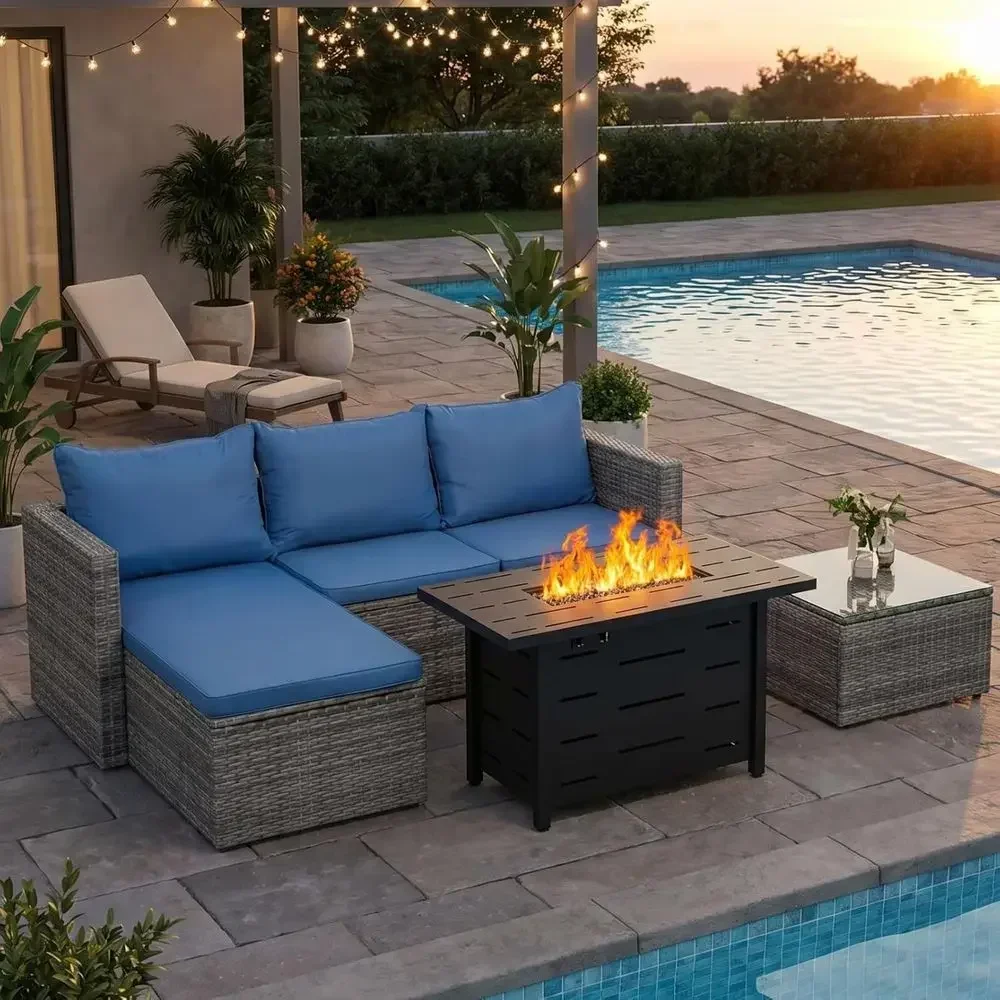 Outdoor Furniture Fire Pit Set - ชุดเฟอร์นิเจอร์หวายสำหรับลานกลางแจ้ง 4 ชิ้น พร้อมเตาไฟโพรเพนขนาด 43 นิ้ว